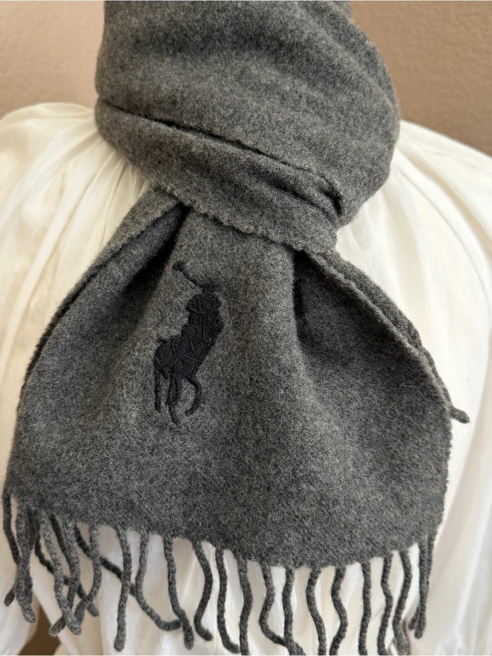 Polo Ralph Lauren Italy 100% Virgin Wool Gray Fringe Scarf Big Pony 56”